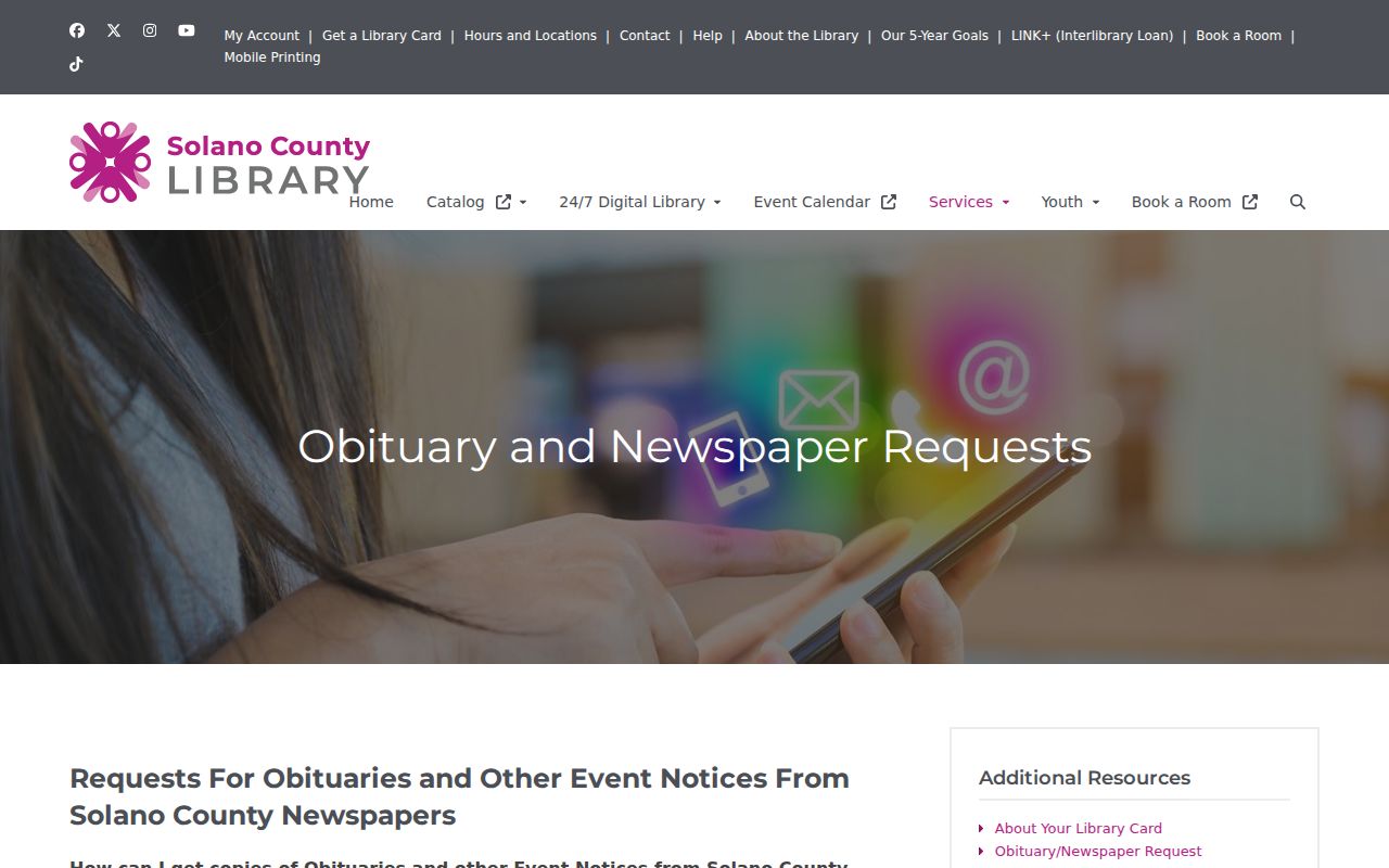 Vacaville city directory view of the library obituary and newspaper request