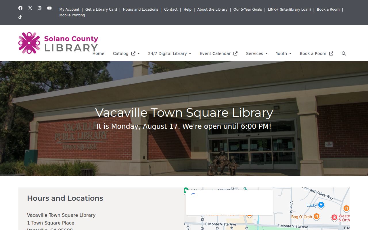 Vacaville city directory view of the Solano County Library Town Square branch