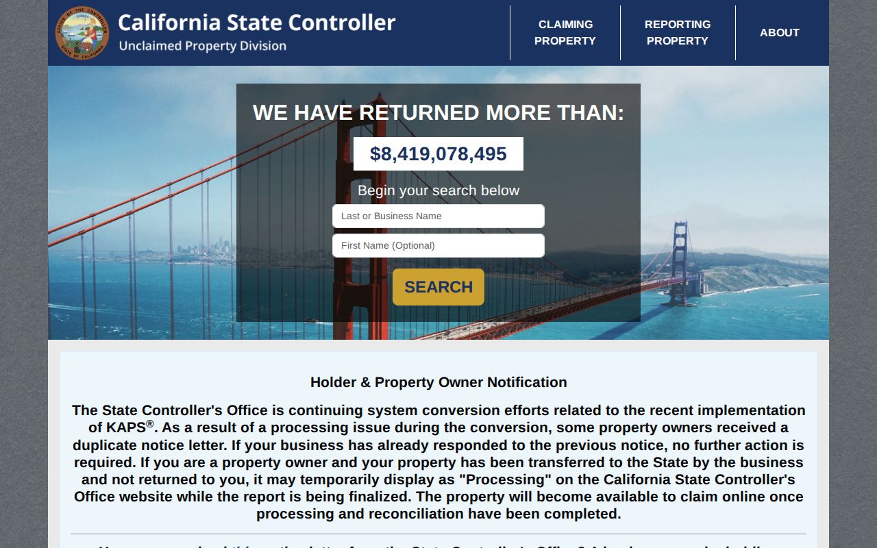 Vacaville resident lookup view of California unclaimed property search