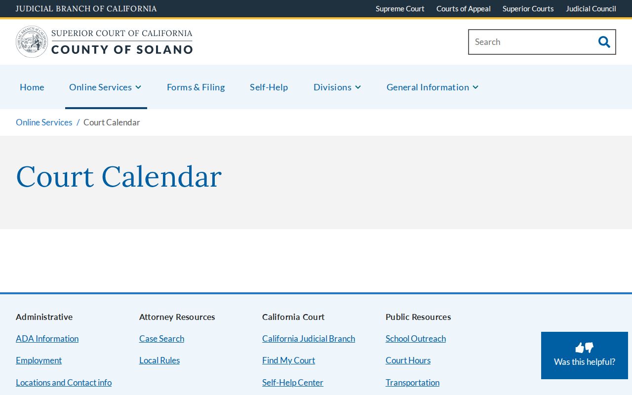 Vacaville resident lookup view of the Solano court calendar