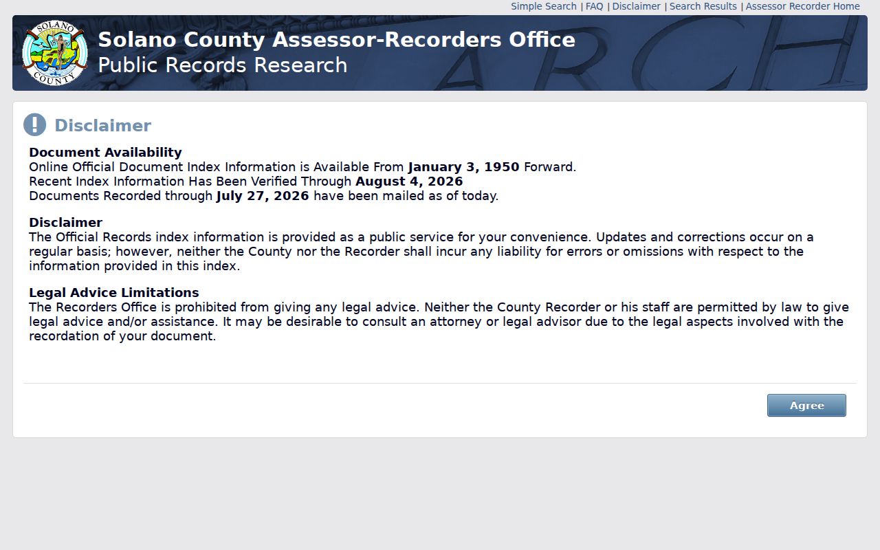 Vacaville street directory view of the Solano Recorder search instructions
