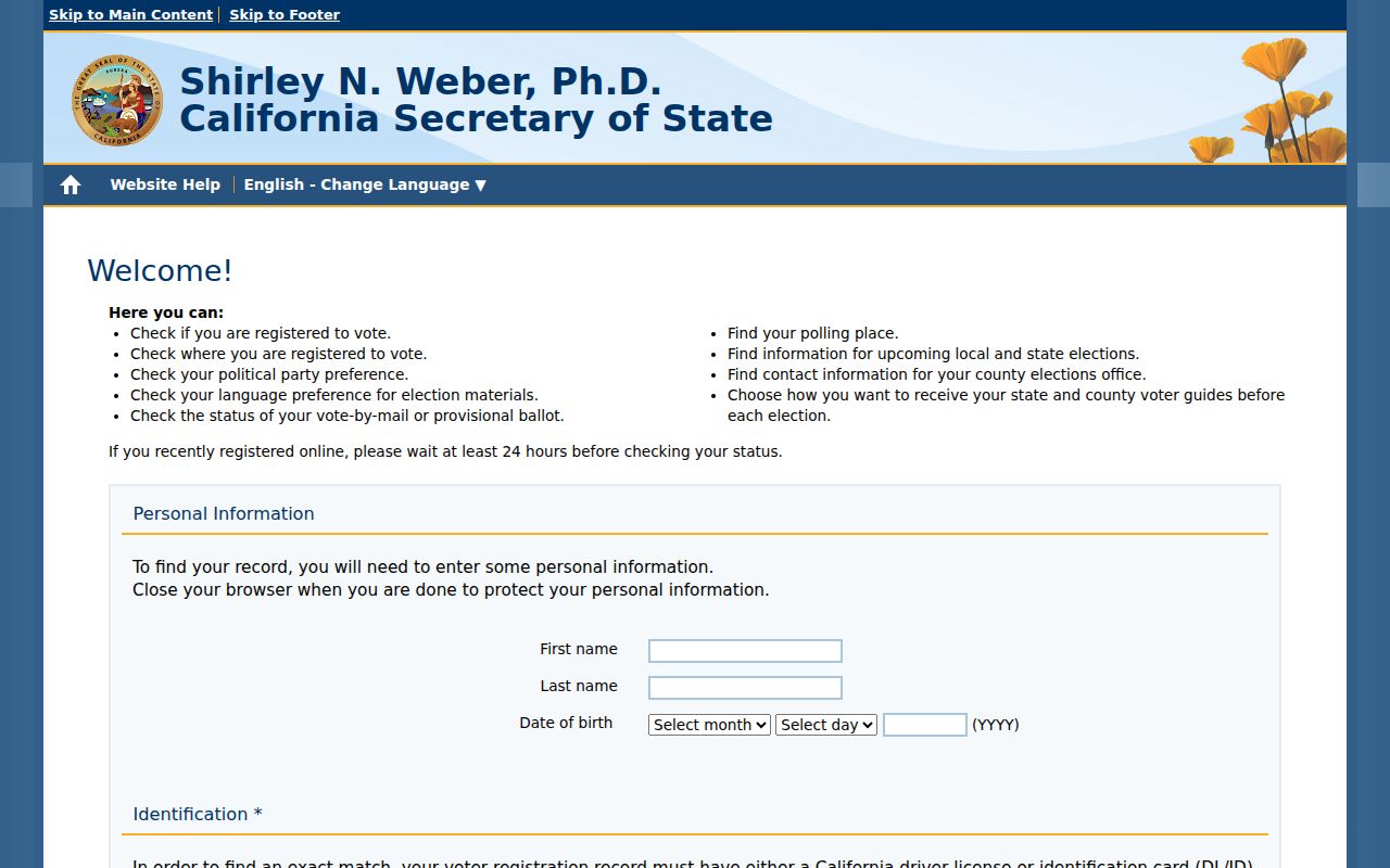 Vacaville residents directory reference showing the California voter status authentication form