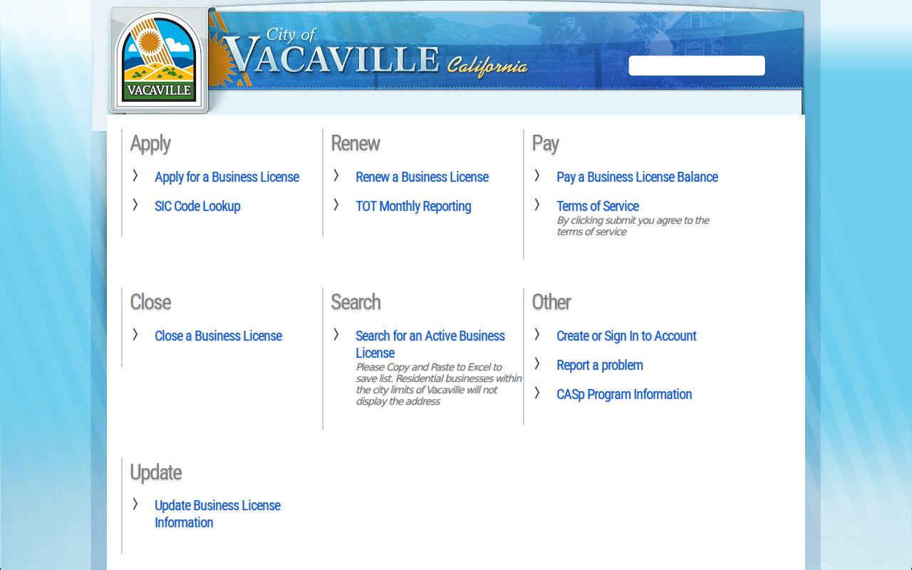 Vacaville ZIP code directory view of the public business license search, not a USPS ZIP tool